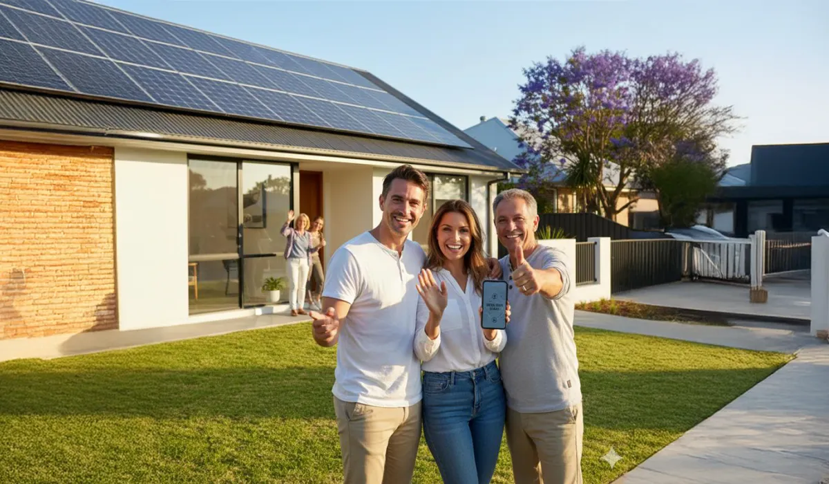 Happy homeowners standing outside their house with rooftop solar panels, smiling and pointing while using a smartphone, with friendly neighbours talking in the background