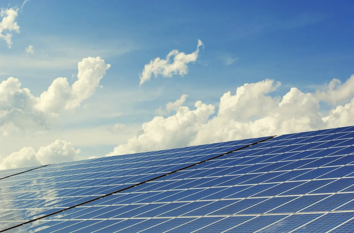 Solar panels under a clear blue sky